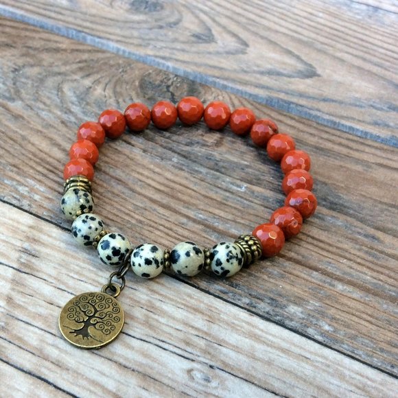 Red Jasper bracelet with Dalmatian Jasper - crystal healing, tree of life charm - Picture 3 of 9